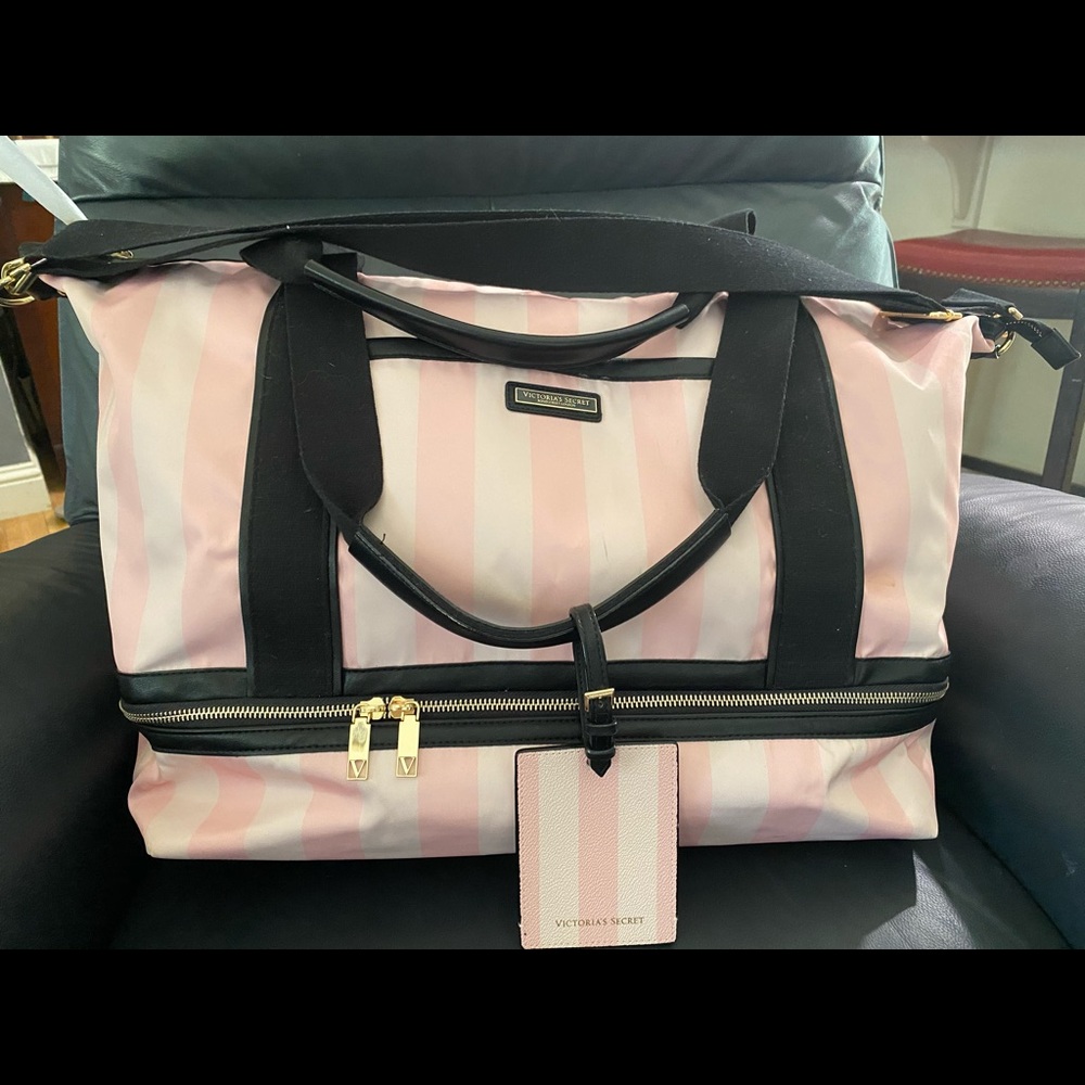 COPY - Gently used. Some markings. Weekender bag, pink and white striped.